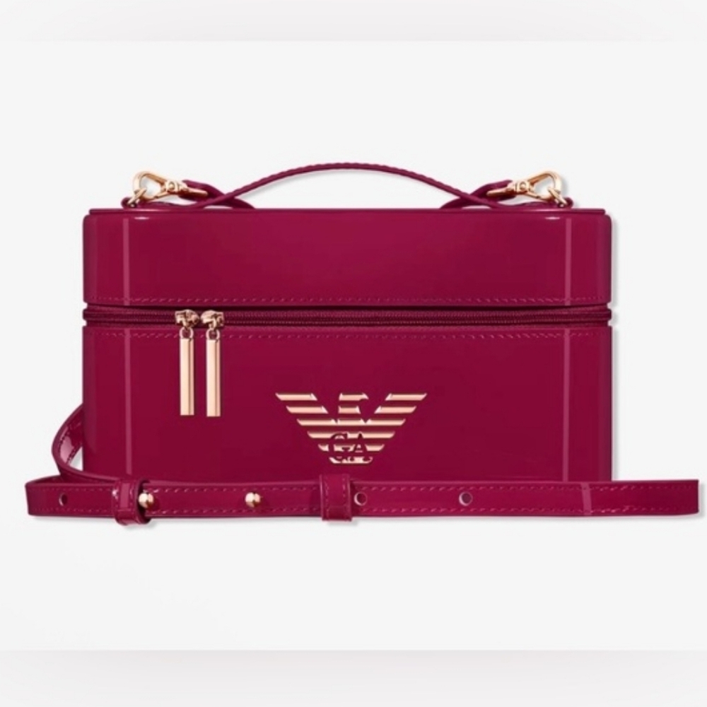 New 2026 Emporio Armani Beauty Glossy Magenta Vanity Case with Gold Hardware